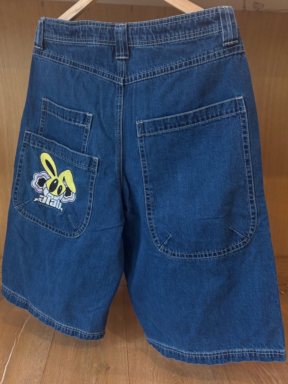 A.Lab Men's Blue Denim Jort with Yellow Bunny Patch